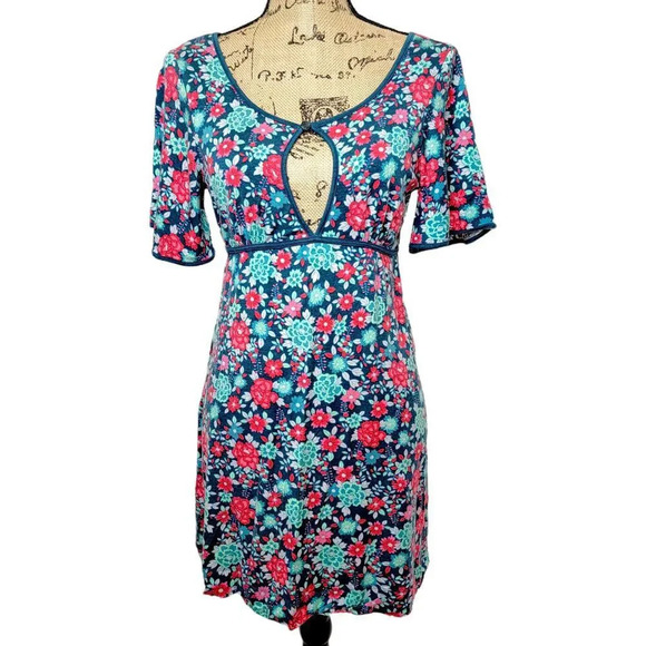 FREE PEOPLE Women's Cutout Keyhole Knit Floral Mini Dress Size Small Teal - Picture 1 of 13